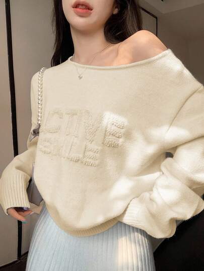 DAZY 女士字母图案圆领休闲长袖套头毛衣