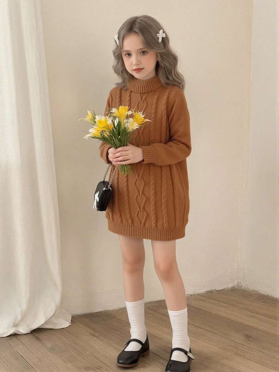 Girls' Fashion Turtleneck Twist Rope Long Sleeve Sweater Dress,Kids Brown Apricot Tan Autumn Dress,Back To School Outing Party Fashionable Knitwear - Brown - View 1