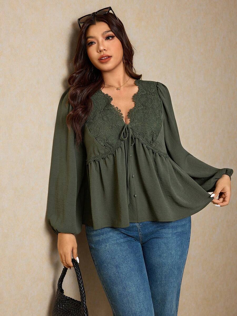 Elaquor Plus Size Elegant Casual Floral Patchwork V-Neck A-Line Green Women Blouse, Suitable For All Seasons