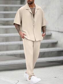 Manfinity Homme Loose-Fit Men Solid Color Lapel Neck Shirt And Pants Set - Apricot - View 1