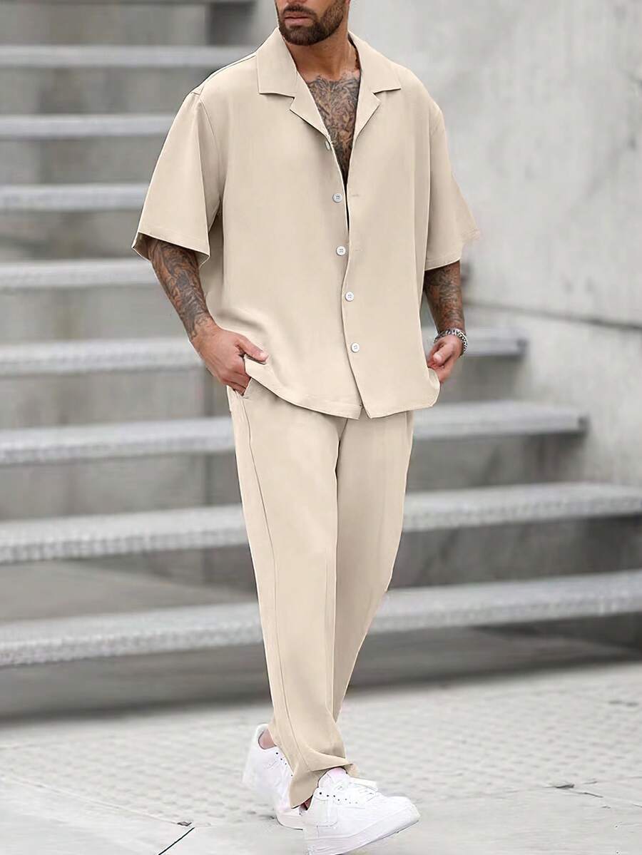 Manfinity Homme Loose-Fit Men Solid Color Lapel Neck Shirt And Pants Set - Apricot - View 1