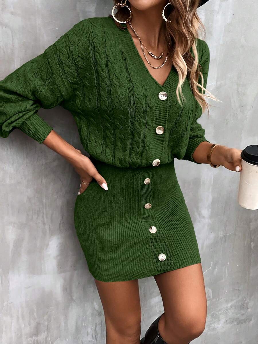 SHEIN Clasi Women's Fashion Drop Shoulder Long Sleeve Button Design Knitted Sweater Dress, Autumn/Winter - Green - View 1
