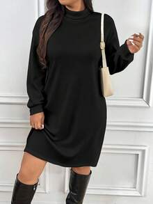 SHEIN CURVE+ Đầm dài cổ đứng màu trơn thường ngày mùa thu đông cỡ lớn dành cho nữ - màu đen - Xem 3