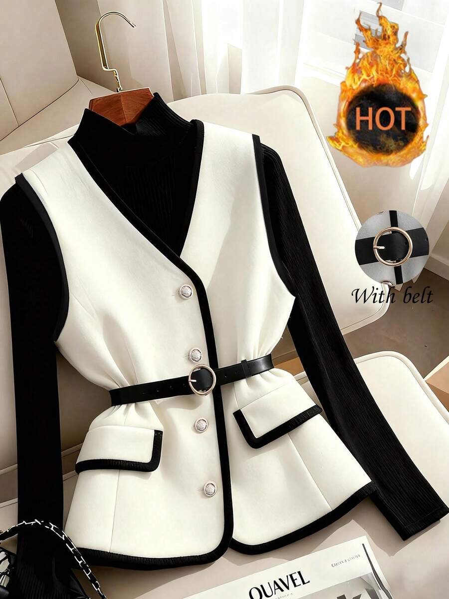 Franclia Casual Everyday Women's Winter Jacket With Belt, New Women's Vest Jacket, Black And White Color Blocking Jacket, Women's Jacket With Metal Decorative Buckle, Elegant Women's Jacket.