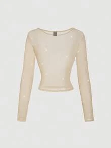 SHEIN MOD Women's Solid Color Fashionable Shiny Semi-Sheer Fitted Long Sleeve T-Shirt - Apricot - View 2
