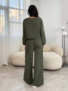 SHEIN Tall 女士简约纯色长袖上衣和裤子休闲两件套 - 軍綠色 - 查看 2