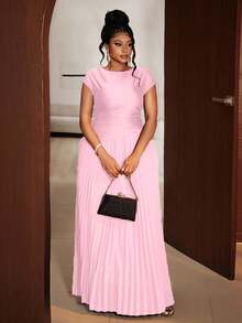 Maweii Plus Size Women Elegant Solid Color Pleated Round Neck Sleeveless Dress - Pink - View 5