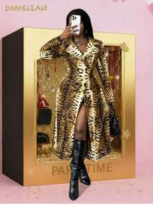 SHEIN BamGlam Women's Fashion Street Vacation Style Tiger Animal Print Lapel Collar Long Jacket - Brown - View 1
