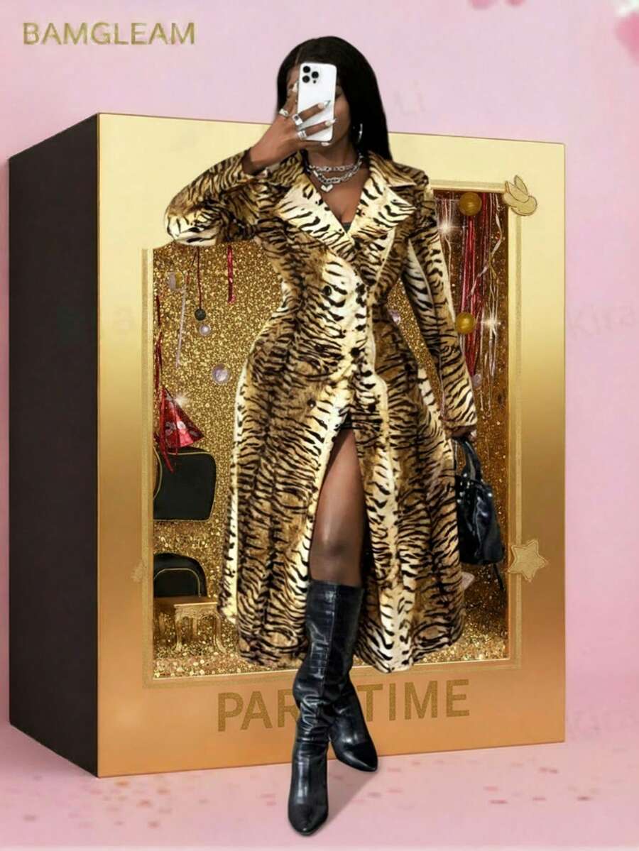 SHEIN BamGlam Women's Fashion Street Vacation Style Tiger Animal Print Lapel Collar Long Jacket - Brown - View 1