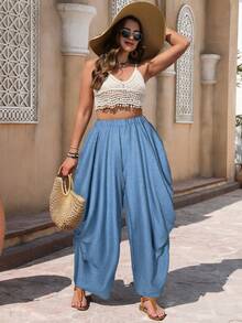 Nubod Quần dài vải dệt nhún màu xanh đơn giản thời trang cỡ lớn dành cho nữ - Màu xanh lam - Xem 6