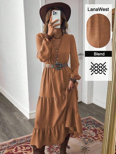 LanaWest Women's Autumn Bohemian Casual Vacation Style Rust Brown Design V-Neck Long Sleeve Patchwork Dress