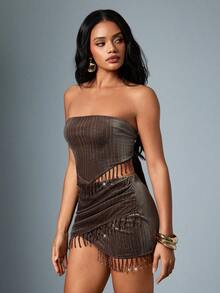 Hauture Strapless Glitter Velvet Mini Top - Brown - View 4