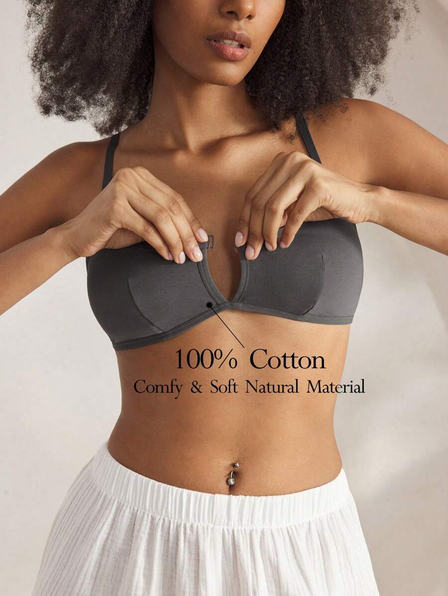 Ocili 100% 纯棉前开合简约品质舒适柔软前开合女士文胸 - 灰色 - 查看 1