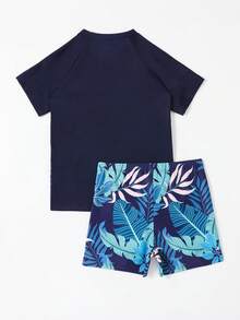 Plus Size Boys' Swimsuit, Top With Placement Print, Bottom With Random Print