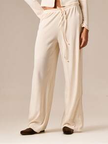 AiiRZ 女式罗纹纽扣前开衫套装，配有抽绳阔腿裤，适合休闲家居服 - 杏色 - 查看 6