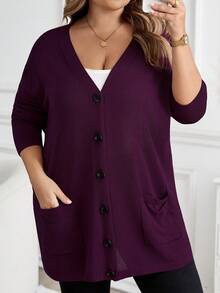 SHEIN CURVE+ Plus Size Women's Solid Color Autumn Purple Sweater Cardigan With Pockets, Holiday Set/Winter - Purple - View 6