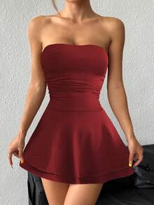 Flirla Petite Leopard Print Sexy Strapless Mini Dress With Layered Ruffle Skirt - Redwood - View 4