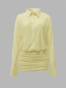 Cévolie 2025 Women's Solid Color Drop Shoulder Long Sleeve Single-Breasted Pleated Fashionable Mini Dress - Pale Yellow - View 4