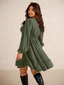 Elaquor Plus Size Women Contrast Lace V-Neck Lantern Sleeve Ruffle Hem Elegant Dress - Green - View 2
