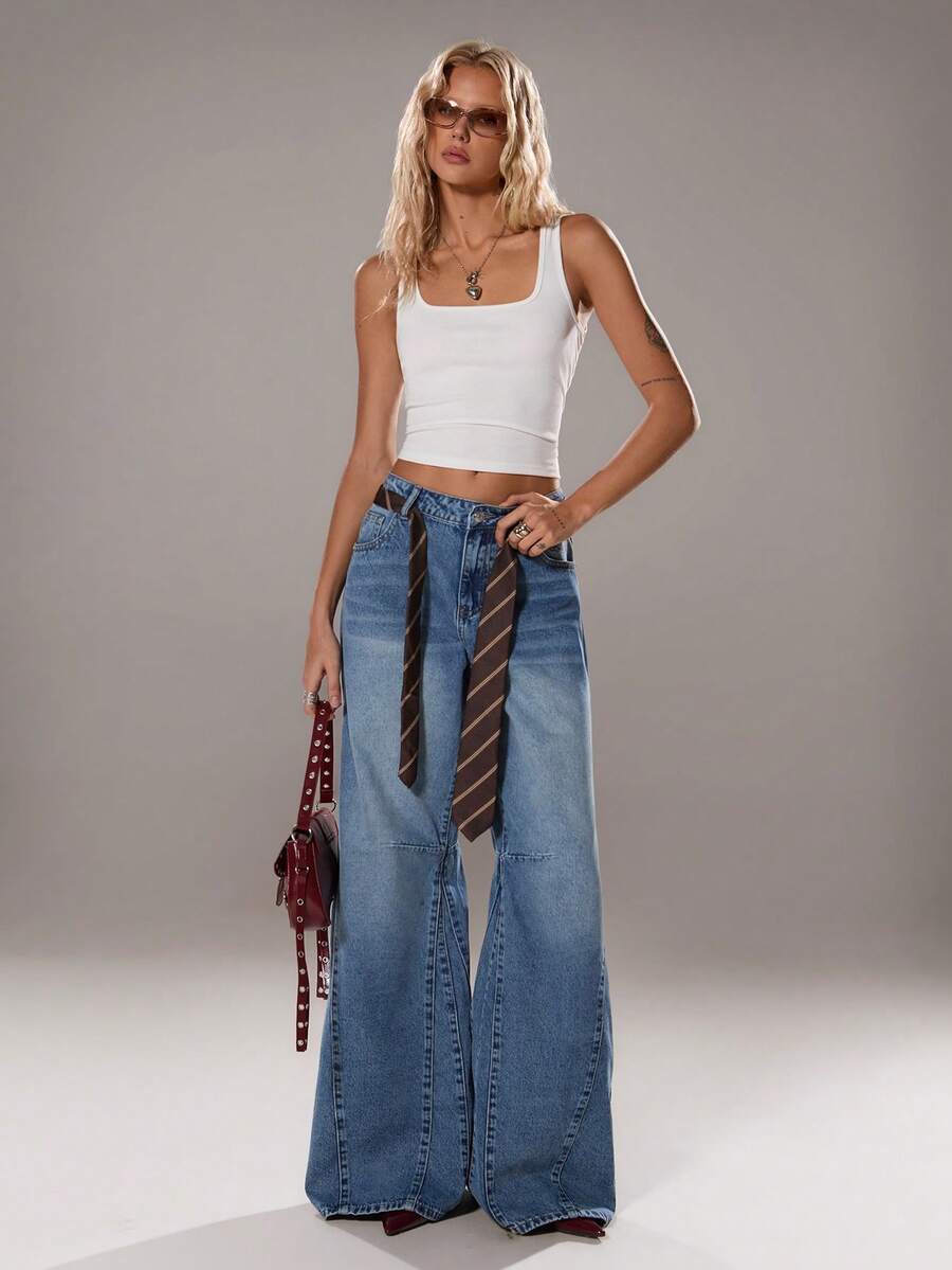 TRNVIE 女士低腰口袋宽松休闲阔腿喇叭牛仔裤 - 淺色水洗藍 - 查看 1