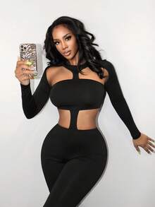 BamGleam Combinaison longue sexy à manches longues et décolleté ajouré pour femmes, couleur unie