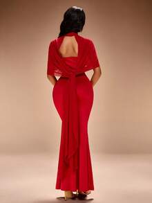 Radiana Women's Sexy Elegant Luxurious Red Chiffon Capelet Shawl & Bodycon Mermaid Dress 2-Piece Set. Shawl + Spaghetti Strap Dress. High-Stretch Knit Fabric Hugs Body, Flattering Silhouette. Suitable For Party, Banquet, Gala,  Formal Occasions,Evening, Date, Cocktail Party, Dance, Valentine's Day - Red - View 7