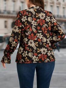 SHEIN LUNE Plus Size Women's Valentine Simple Flower Print Summer Ruffled Casual Vacation Loose Blouse, Spring/Autumn,Fall Holiday - Multicolor - View 2