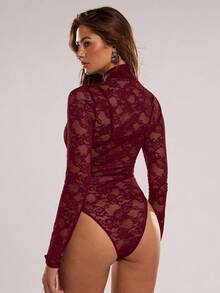 SHEIN BAE 女士花卉蕾丝立领长袖性感透视连体衣 - 酒紅色 - 查看 2