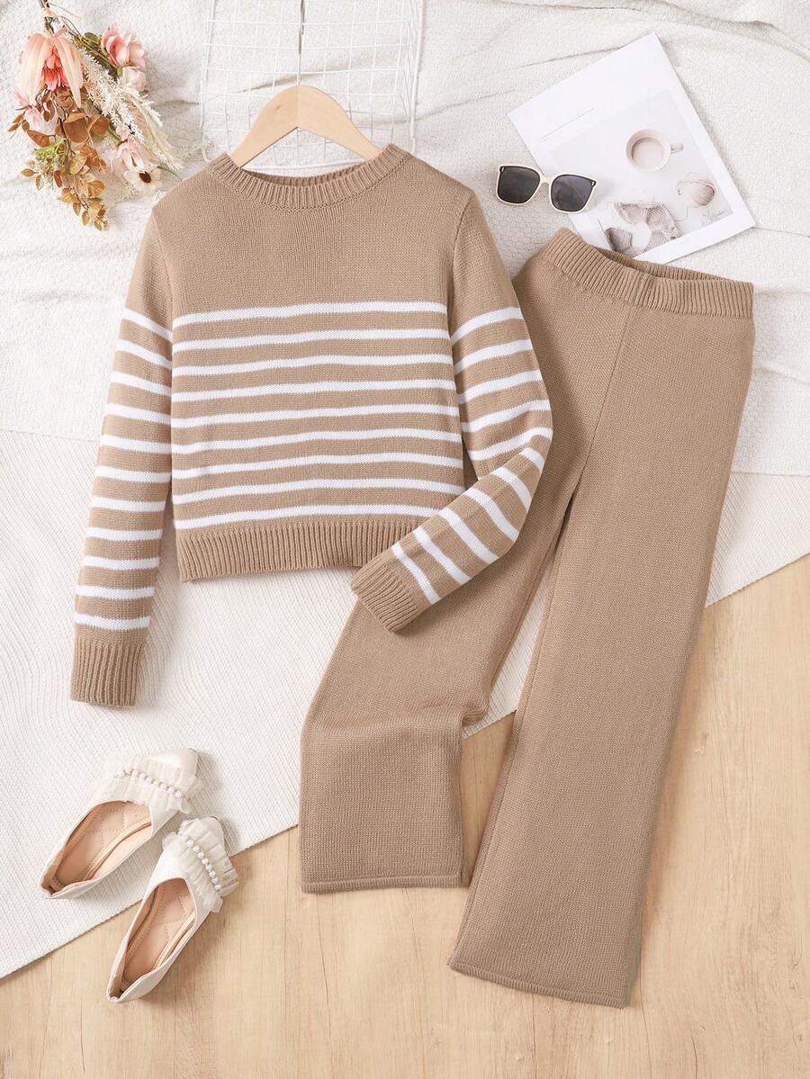 Sparklyn 1套女童毛衣套装，休闲款，米色打底，白色条纹，圆领，中袖，棕色上衣搭配同色阔腿裤，中厚款，细针织质地，适合日常出游，春秋季
