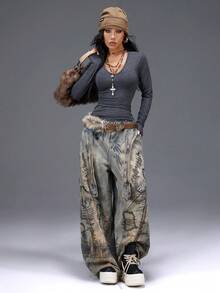 Bloopia 女士针织长袖V领雪花印花后背新款百搭上衣 - 灰色 - 查看 3