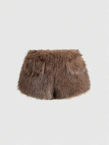 ROMWE Grunge Punk Spring Carnival Party Y2K Baddie Faux Fur Super Low Rise Mini Shorts - Coffee Brown - View 2