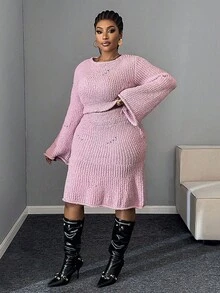 Maweii Damen Große Größen 2-teiliges Set: Einfarbiges Pulloverkleid mit Rundhalsausschnitt - Pink - Übersicht 4
