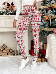 SHEIN LUNE 女士撞色驯鹿印花圣诞风休闲修身打底裤 - 紅白色 - 查看 5