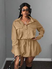 Maweii 2 delar plus size kvinnor casual outfit - kragejacka och hög midja plisserad kjol set, lämplig för arbete och vardagsbruk, höst/vinter - Kaki - Visa 5