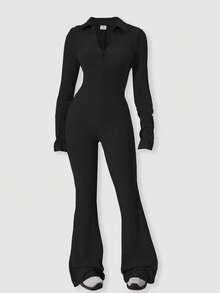 ChillGRL 少女灰色罗纹针织长袖连体裤，前开襟设计