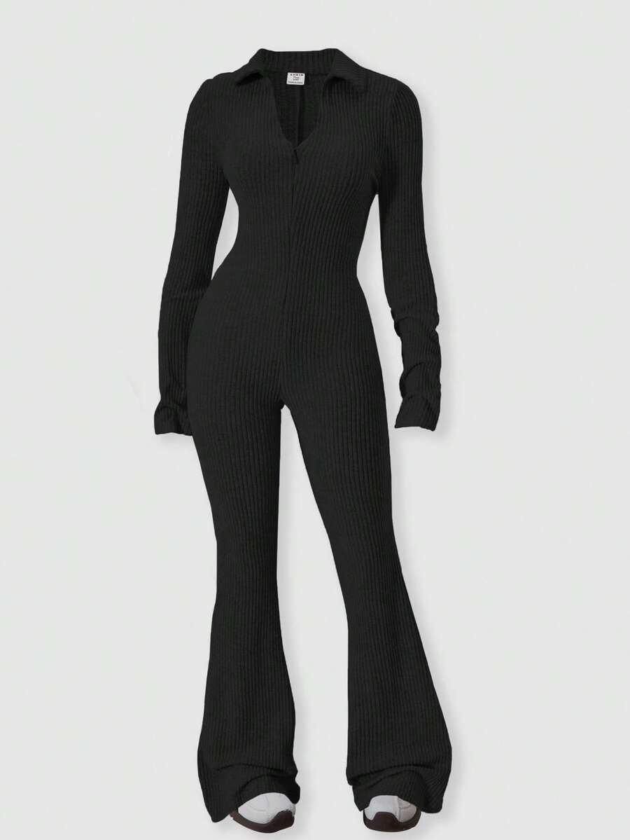 ChillGRL 少女灰色罗纹针织长袖连体裤，前开襟设计