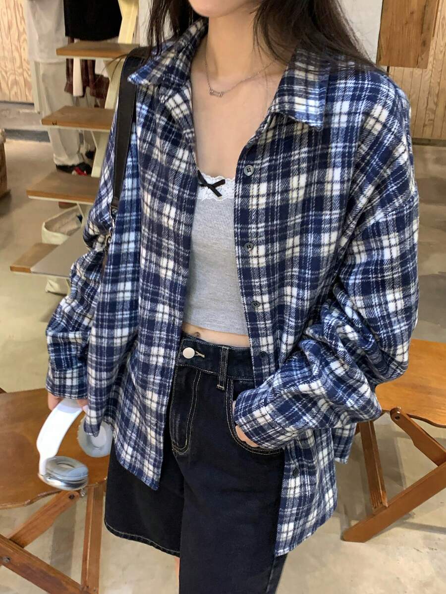DAZY 女士格子落肩长袖单排扣休闲宽松衬衫 - 藍白色 - 查看 1