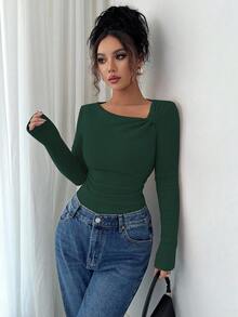 Selianne 秋冬新款纯色磨毛罗纹斜领褶裥长袖T恤，修身休闲上衣 - 墨綠色 - 查看 8