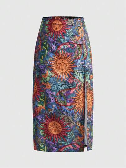 Hippie Plus Size Casual Retro All-Over Print High Slit Skirt