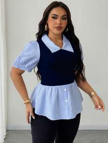 Maweii Blusa de talla grande para mujer con cuello solapa y parche a cuadros, 2 en 1