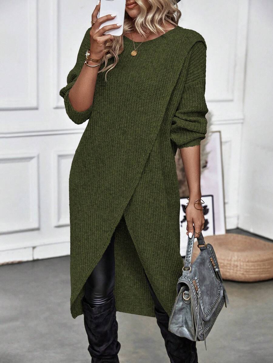 Calvaya Suéter largo de mujer de unicolor con cuello redondo, hombros caídos, manga larga y bajo con abertura, para otoño/invierno