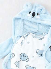 Newborn Baby Pajamas One Piece Set With Hooded Coat,Light Blue Koala Print Long Sleeve Footed Romper,Plush Look Winter Cute Lounge 2026 New Year - Baby Blue - View 3