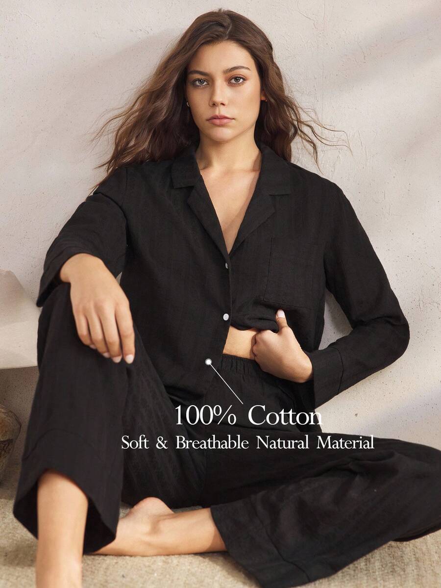 Ocili 100%纯棉天然舒适无弹提花梭织女士睡衣套装，长袖上衣和长裤，冬季服装 - 黑色 - 查看 1