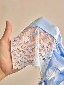 Charlaine 2pcs French Elegant Lace Satin Comfortable Women Pajama Set, Chic Autumn - Blue - View 8