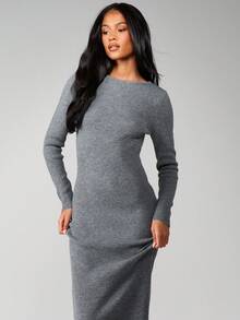 MISSGUIDED 女士秋冬罗纹针织长袖修身连衣裙 - 灰色 - 查看 5