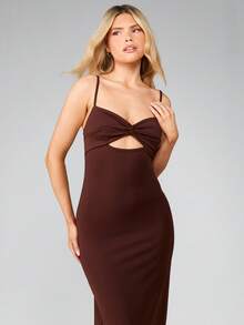 MISSGUIDED 扭结露胸镂空长袖修身晚礼服秋冬派对正式礼服 - 咖啡 - 查看 5