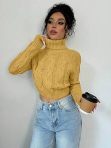 Selianne Women's Solid Color High Neck Raglan Sleeve Cropped Casual Sweater - Yellow - View 3