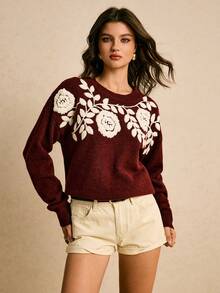 Poéselle Áo len cổ tròn tay dài cổ điển giản dị dành cho nữ vào mùa thu/đông Áo len màu đỏ tía dành cho nữ Áo len chui đầu dành cho nữ Áo len thêu, Áo len Giáng sinh dành cho nữ, Áo đỏ, Áo len Giáng sinh - Màu Đỏ Sâu - Xem 4