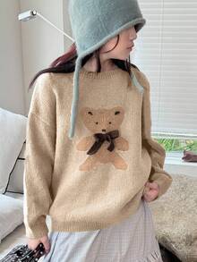 DAZY Tween Girls' Round Neck Bear Pattern Sweater, Autumn - Apricot - View 5