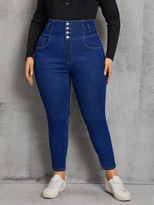 EMERY ROSE Quần jean bó cạp cao phong cách đường phố thường ngày cho nữ cỡ lớn - Rửa trung bình - Xem 1